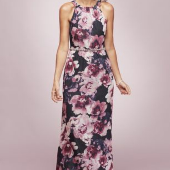 BEADED BELT FLORAL CHIFFON HALTER DRESS - Picture 1 of 7